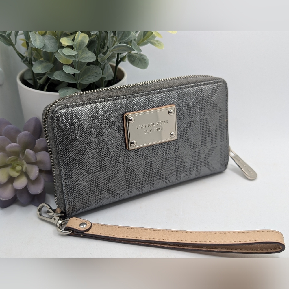 Michael Kors Metallic Silver MK Monogram Wristlet Wallet